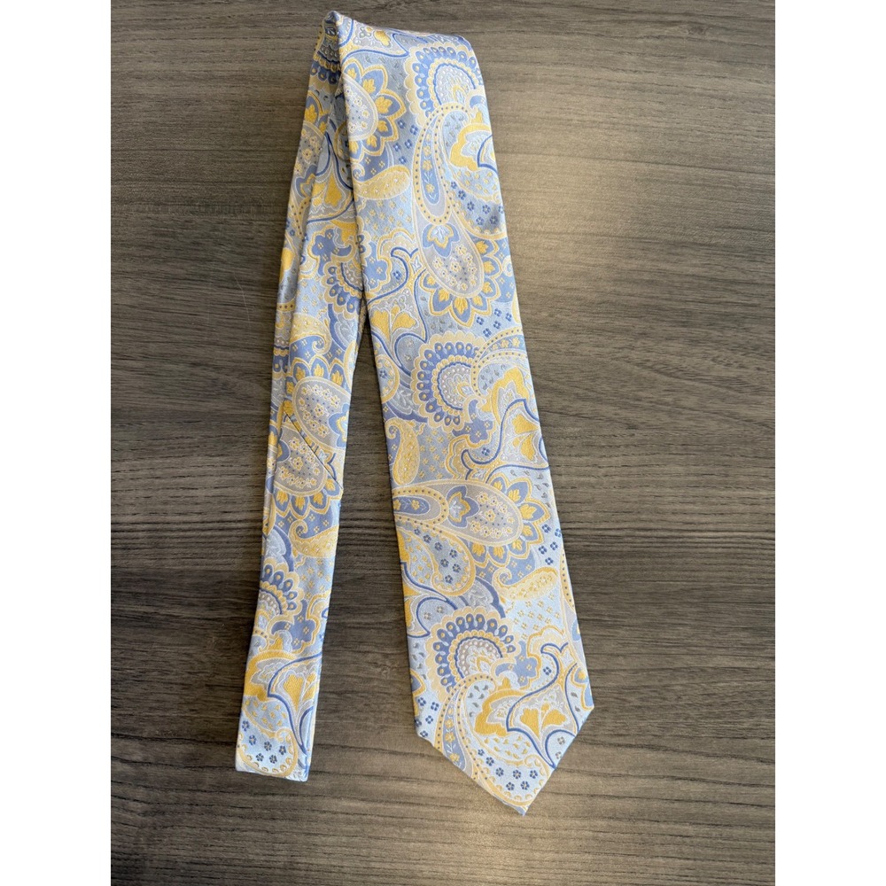 Geoffrey Beene 100% Silk Tie Blue Yellow Paisley Y2K Preppy Necktie